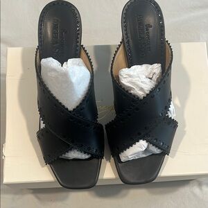 The office of Angela Scott,  Black Minimalist Mules with Crisscross Straps